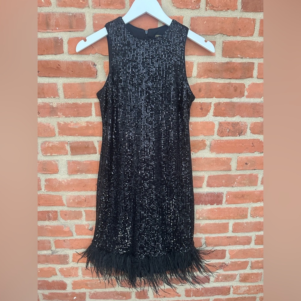 Taylor Dress. Black Sequins and Feathers. Size 2.